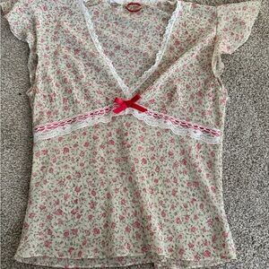 Ash Floral Vintage Slip Top with Red Lip Logo and White Lace